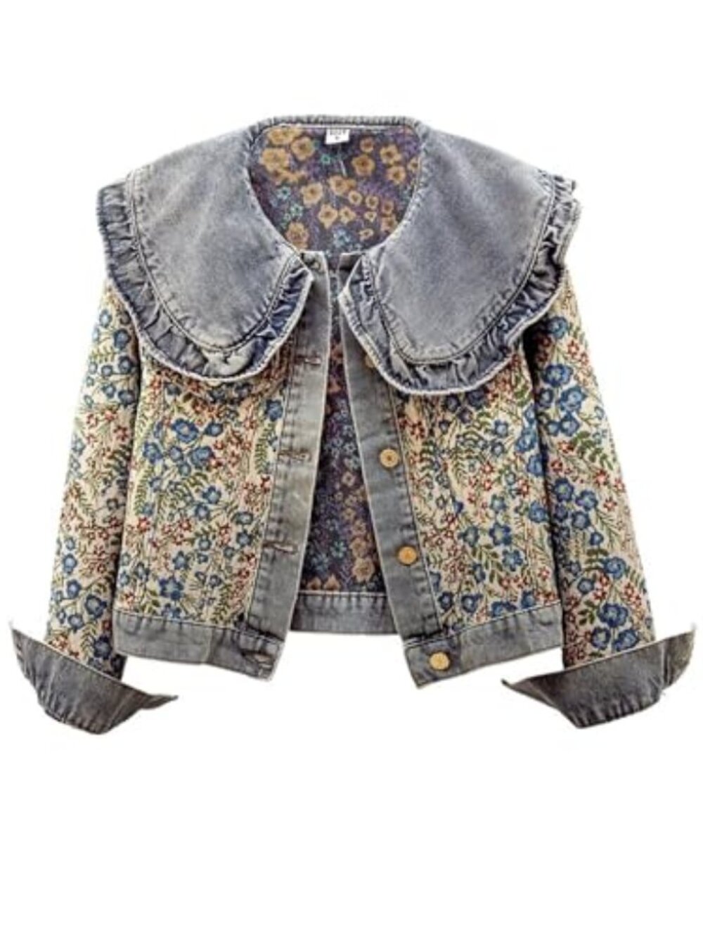 Womens peter pan collar embroidered jean jackets Long Sleeve